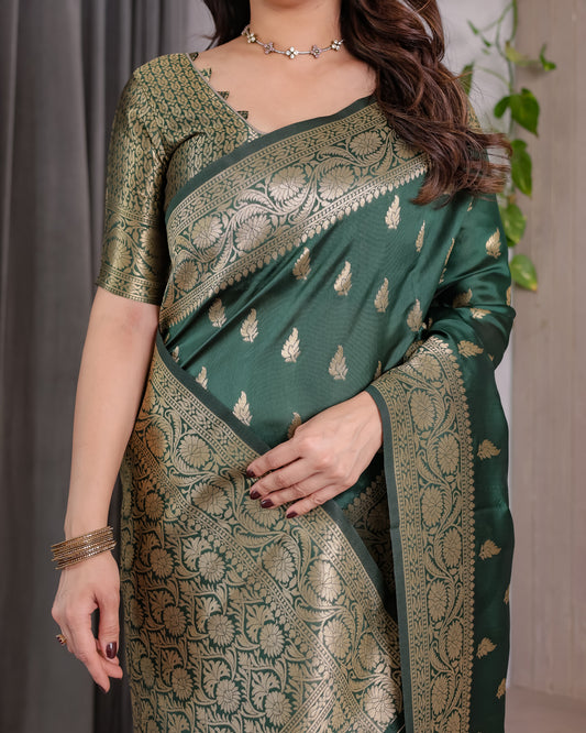 Dark Green Pure Kanjivaram Silk Saree with Golden Leaf Motifs & Floral Zari Border – 5.5m Saree + 0.8m Blouse Piece
