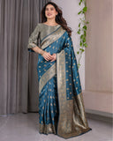 Peacock Blue Pure Kanjivaram Silk Saree with Gold Leaf Motifs & Ornate Floral Zari Border – 5.5m Saree + 0.8m Blouse Piece