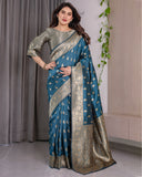 Peacock Blue Pure Kanjivaram Silk Saree with Gold Leaf Motifs & Ornate Floral Zari Border – 5.5m Saree + 0.8m Blouse Piece