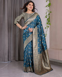 Peacock Blue Pure Kanjivaram Silk Saree with Gold Leaf Motifs & Ornate Floral Zari Border – 5.5m Saree + 0.8m Blouse Piece