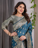 Peacock Blue Pure Kanjivaram Silk Saree with Gold Leaf Motifs & Ornate Floral Zari Border – 5.5m Saree + 0.8m Blouse Piece