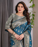 Peacock Blue Pure Kanjivaram Silk Saree with Gold Leaf Motifs & Ornate Floral Zari Border – 5.5m Saree + 0.8m Blouse Piece