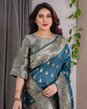 Peacock Blue Pure Kanjivaram Silk Saree with Gold Leaf Motifs & Ornate Floral Zari Border – 5.5m Saree + 0.8m Blouse Piece