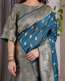 Peacock Blue Pure Kanjivaram Silk Saree with Gold Leaf Motifs & Ornate Floral Zari Border – 5.5m Saree + 0.8m Blouse Piece