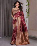 Maroon Pure Kanjivaram Silk Saree with Gold Leaf Motifs & Grand Floral Zari Pallu – 5.5m Saree + 0.8m Blouse Piece