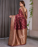 Maroon Pure Kanjivaram Silk Saree with Gold Leaf Motifs & Grand Floral Zari Pallu – 5.5m Saree + 0.8m Blouse Piece