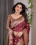 Maroon Pure Kanjivaram Silk Saree with Gold Leaf Motifs & Grand Floral Zari Pallu – 5.5m Saree + 0.8m Blouse Piece