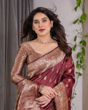 Maroon Pure Kanjivaram Silk Saree with Gold Leaf Motifs & Grand Floral Zari Pallu – 5.5m Saree + 0.8m Blouse Piece