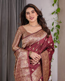 Maroon Pure Kanjivaram Silk Saree with Gold Leaf Motifs & Grand Floral Zari Pallu – 5.5m Saree + 0.8m Blouse Piece