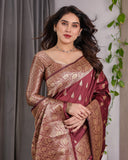 Maroon Pure Kanjivaram Silk Saree with Gold Leaf Motifs & Grand Floral Zari Pallu – 5.5m Saree + 0.8m Blouse Piece