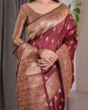 Maroon Pure Kanjivaram Silk Saree with Gold Leaf Motifs & Grand Floral Zari Pallu – 5.5m Saree + 0.8m Blouse Piece