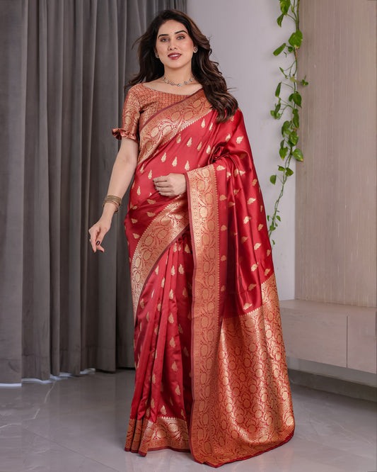 Red Pure Kanjivaram Silk Saree with Gold Zari Weaving & Contrast Blouse | 5.5m Saree + 0.8m Blouse