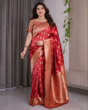 Red Pure Kanjivaram Silk Saree with Gold Zari Weaving & Contrast Blouse | 5.5m Saree + 0.8m Blouse