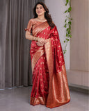 Red Pure Kanjivaram Silk Saree with Gold Zari Weaving & Contrast Blouse | 5.5m Saree + 0.8m Blouse