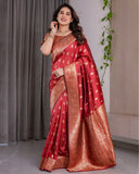Red Pure Kanjivaram Silk Saree with Gold Zari Weaving & Contrast Blouse | 5.5m Saree + 0.8m Blouse