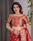 Red Pure Kanjivaram Silk Saree with Gold Zari Weaving & Contrast Blouse | 5.5m Saree + 0.8m Blouse