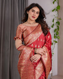 Red Pure Kanjivaram Silk Saree with Gold Zari Weaving & Contrast Blouse | 5.5m Saree + 0.8m Blouse