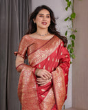 Red Pure Kanjivaram Silk Saree with Gold Zari Weaving & Contrast Blouse | 5.5m Saree + 0.8m Blouse