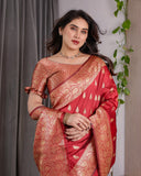 Red Pure Kanjivaram Silk Saree with Gold Zari Weaving & Contrast Blouse | 5.5m Saree + 0.8m Blouse