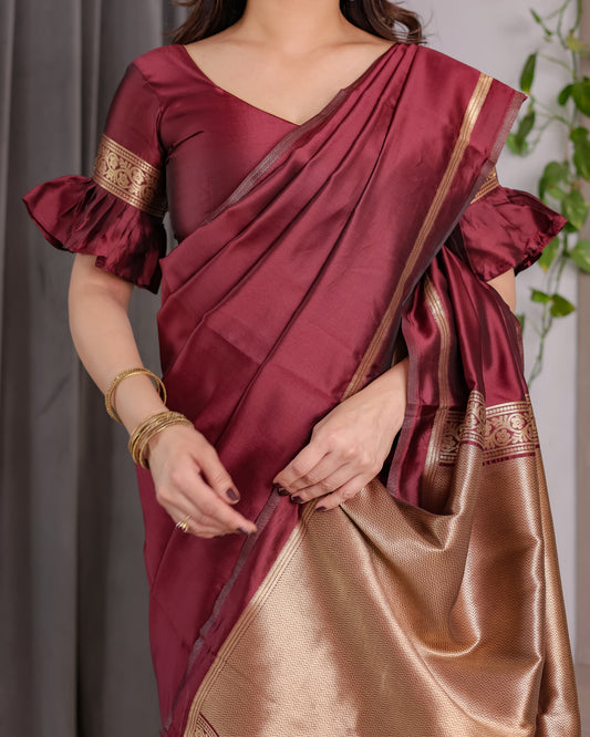 Maroon Soft Kanjivaram Silk Saree with Golden Zari Pallu & Designer Blouse | 5.5m Saree + 0.8m Blouse