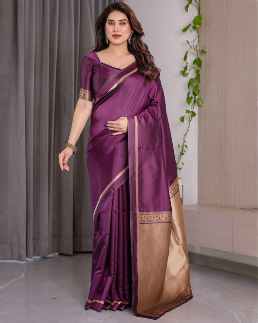 Royal Purple Soft Kanjivaram Silk Saree with Antique Gold Zari Pallu & Blouse | 5.5m Saree + 0.8m Blouse Piece
