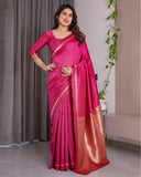 Pink Soft Kanjivaram Silk Saree with Golden Zari Pallu & Blouse | 5.5m Saree + 0.8m Blouse Piece