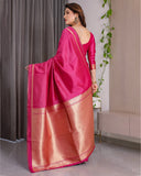 Pink Soft Kanjivaram Silk Saree with Golden Zari Pallu & Blouse | 5.5m Saree + 0.8m Blouse Piece