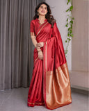 Cherry Red Soft Kanjivaram Silk Saree with Golden Zari Border & Elegant Pallu | 5.5m Saree + 0.8m Blouse Piece
