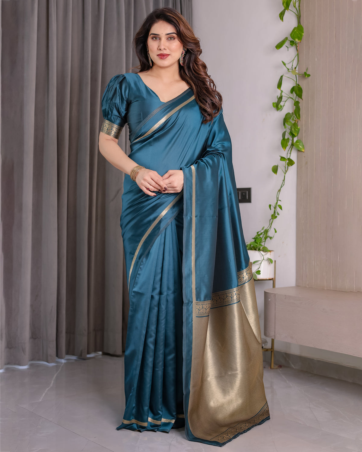 Teal Blue Soft Kanjivaram Silk Saree with Golden Zari Pallu & Designer Blouse | 5.5m Saree + 0.8m Blouse