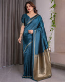 Teal Blue Soft Kanjivaram Silk Saree with Golden Zari Pallu & Designer Blouse | 5.5m Saree + 0.8m Blouse