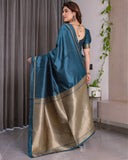 Teal Blue Soft Kanjivaram Silk Saree with Golden Zari Pallu & Designer Blouse | 5.5m Saree + 0.8m Blouse