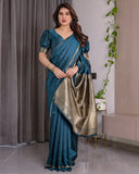 Teal Blue Soft Kanjivaram Silk Saree with Golden Zari Pallu & Designer Blouse | 5.5m Saree + 0.8m Blouse