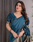 Teal Blue Soft Kanjivaram Silk Saree with Golden Zari Pallu & Designer Blouse | 5.5m Saree + 0.8m Blouse