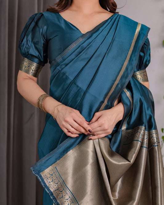 Teal Blue Soft Kanjivaram Silk Saree with Golden Zari Pallu & Designer Blouse | 5.5m Saree + 0.8m Blouse