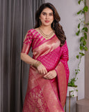 Magenta Pink Pure Kanjivaram Silk Saree with Golden Zari Weaving & Rich Floral Pallu | 5.5m Saree + 0.8m Blouse Piece