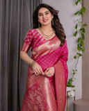 Magenta Pink Pure Kanjivaram Silk Saree with Golden Zari Weaving & Rich Floral Pallu | 5.5m Saree + 0.8m Blouse Piece