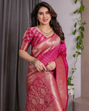Magenta Pink Pure Kanjivaram Silk Saree with Golden Zari Weaving & Rich Floral Pallu | 5.5m Saree + 0.8m Blouse Piece