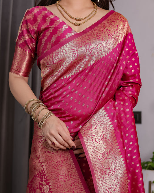 Magenta Pink Pure Kanjivaram Silk Saree with Golden Zari Weaving & Rich Floral Pallu | 5.5m Saree + 0.8m Blouse Piece
