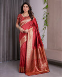 Rust Red Pure Kanjivaram Silk Saree with Golden Zari Buttas & Rich Floral Brocade Pallu | 5.5m Saree + 0.8m Blouse Piece