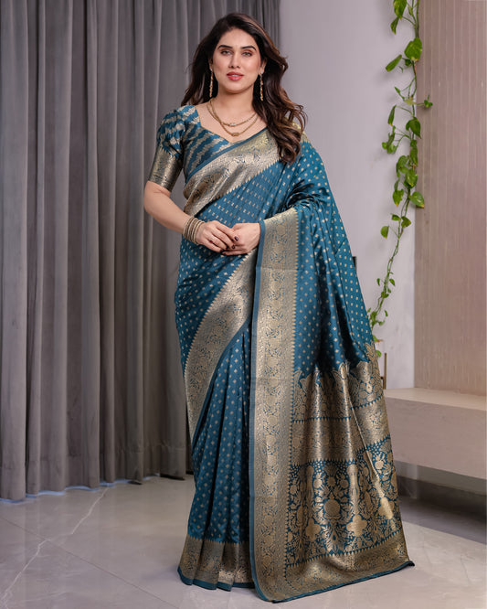 Teal Blue Pure Kanjivaram Silk Saree with Golden Zari Weaving & Brocade Floral Pallu | 5.5m Saree + 0.8m Blouse Piece