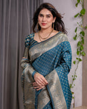 Teal Blue Pure Kanjivaram Silk Saree with Golden Zari Weaving & Brocade Floral Pallu | 5.5m Saree + 0.8m Blouse Piece