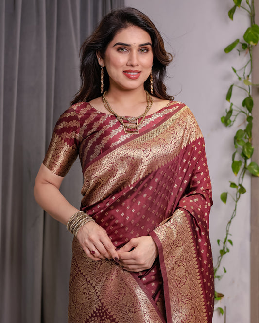 Maroon Pure Kanjivaram Silk Saree with All-Over Zari Buttas & Floral Brocade Pallu | 5.5m Saree + 0.8m Blouse Piece