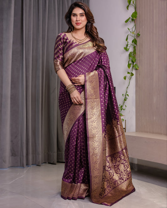 Royal Purple Pure Kanjivaram Silk Saree with Golden Zari Buttas & Rich Brocade Pallu | 5.5m Saree + 0.8m Designer Blouse Piece