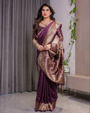 Royal Purple Pure Kanjivaram Silk Saree with Golden Zari Buttas & Rich Brocade Pallu | 5.5m Saree + 0.8m Designer Blouse Piece