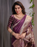 Royal Purple Pure Kanjivaram Silk Saree with Golden Zari Buttas & Rich Brocade Pallu | 5.5m Saree + 0.8m Designer Blouse Piece