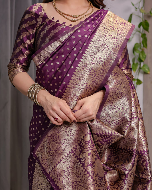 Royal Purple Pure Kanjivaram Silk Saree with Golden Zari Buttas & Rich Brocade Pallu | 5.5m Saree + 0.8m Designer Blouse Piece