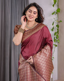 Wine Brown Pure Kanjivaram Silk Saree with Antique Gold Jacquard Border & Designer Blouse | 5.5m Saree + 0.8m Blouse Piece