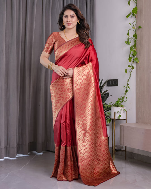 Brick Red Pure Kanjivaram Silk Saree with Golden Jacquard Weaving & Designer Blouse | 5.5m Saree + 0.8m Blouse Piece