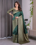 Bottle Green Pure Kanjivaram Silk Saree with All-Over Golden Jacquard Weaving & Designer Blouse | 5.5m Saree + 0.8m Blouse Piece
