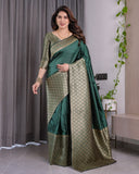Bottle Green Pure Kanjivaram Silk Saree with All-Over Golden Jacquard Weaving & Designer Blouse | 5.5m Saree + 0.8m Blouse Piece